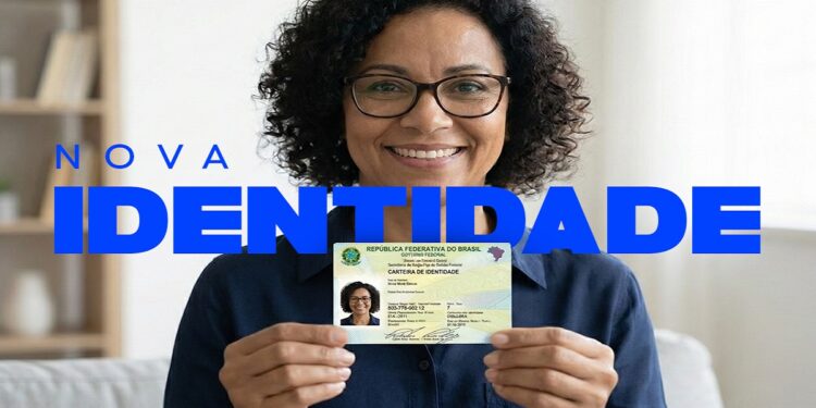 Mulher sorridente com óculos segura nova carteira de identidade brasileira, texto "Nova Identidade" em azul