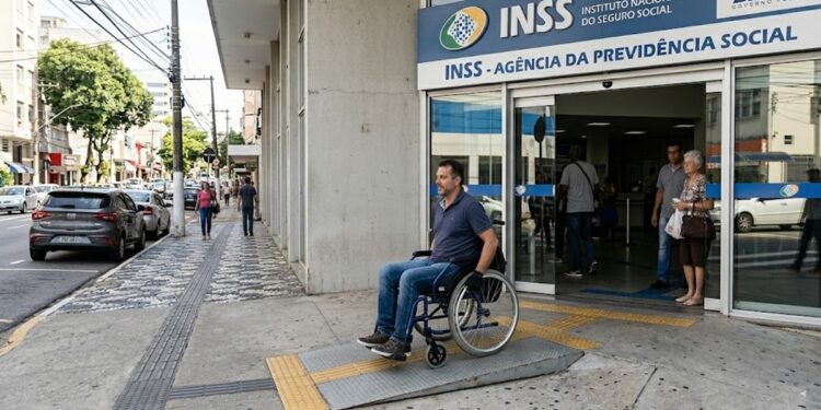 Homem em cadeira de rodas utiliza rampa acessível na entrada da agência INSS com pessoas ao redor