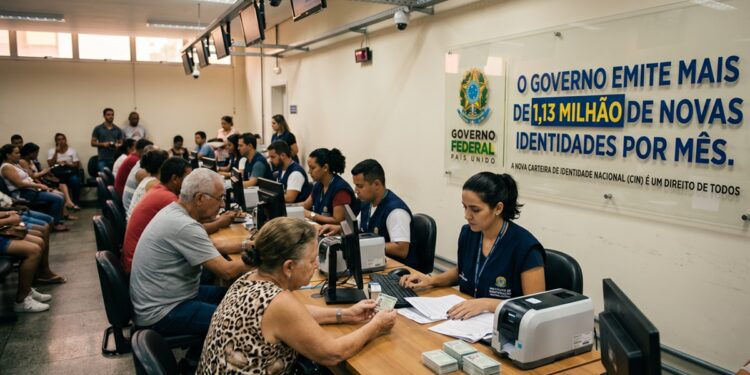 Pessoas sendo atendidas para emissão de identidade em balcão do governo, banner ao fundo com mensagem oficial
