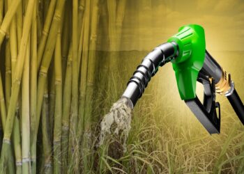 Bomba de combustível verde simula etanol escoando em plantação de cana-de-açúcar