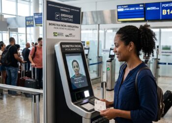 Mulher realiza biometria facial em totem eletrônico no embarque do aeroporto de Guarulhos