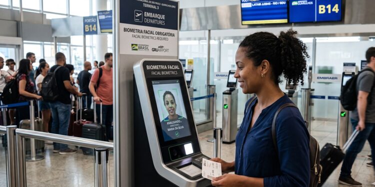 Mulher realiza biometria facial em totem eletrônico no embarque do aeroporto de Guarulhos