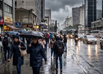Pedestres com guarda-chuvas andam em rua movimentada de São Paulo sob chuva intensa e céu nublado
