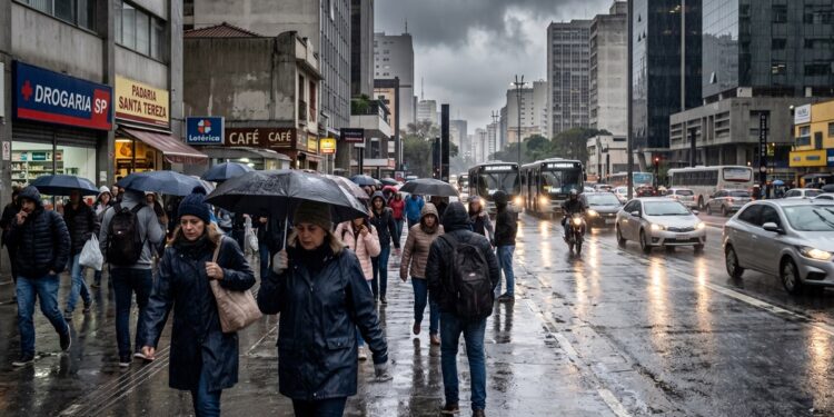 Pedestres com guarda-chuvas andam em rua movimentada de São Paulo sob chuva intensa e céu nublado