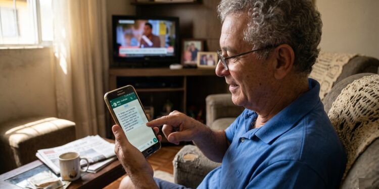 Homem grisalho sorri lendo mensagem do INSS no WhatsApp em sala de estar iluminada