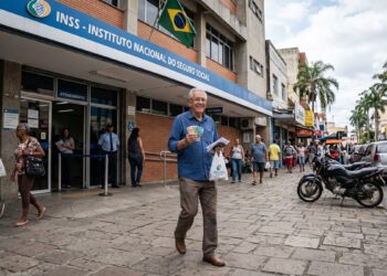 Idoso segurando notas de dinheiro e documentos sai sorrindo da agência do INSS