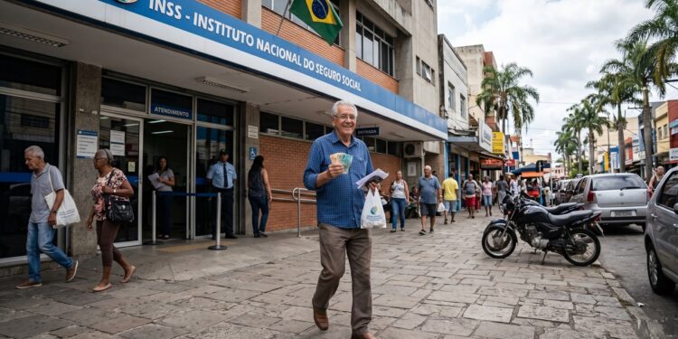 Idoso segurando notas de dinheiro e documentos sai sorrindo da agência do INSS