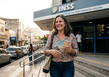 Mulher sorrindo segura notas de real ao sair do INSS, rampa acessível ao fundo