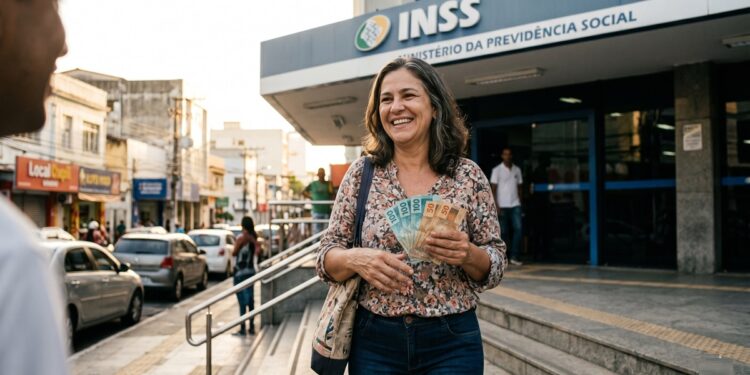 Mulher sorrindo segura notas de real ao sair do INSS, rampa acessível ao fundo