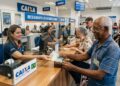 Idoso recebe dinheiro de atendente da Caixa com fila de aposentados ao fundo em ambiente bancário