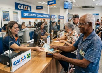 Idoso recebe dinheiro de atendente da Caixa com fila de aposentados ao fundo em ambiente bancário