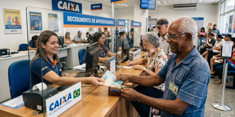 Idoso recebe dinheiro de atendente da Caixa com fila de aposentados ao fundo em ambiente bancário
