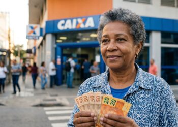 Mulher idosa segura notas de real em frente à agência da Caixa, sorrindo levemente