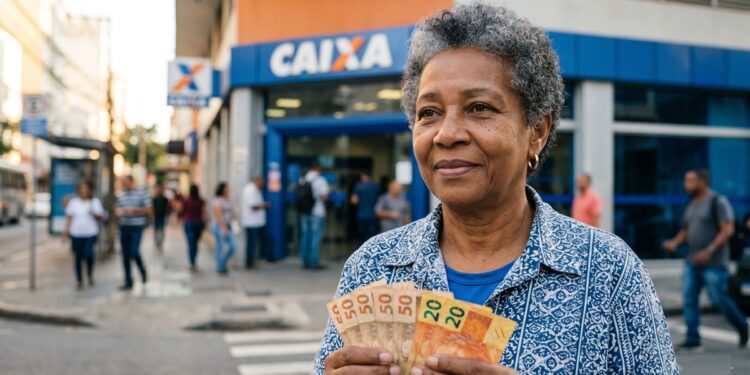 Mulher idosa segura notas de real em frente à agência da Caixa, sorrindo levemente