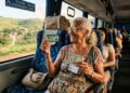 Idosa sorridente mostra Passe Livre e documentos sentada em poltrona de ônibus com reserva para idoso