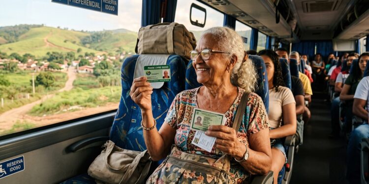 Idosa sorridente mostra Passe Livre e documentos sentada em poltrona de ônibus com reserva para idoso