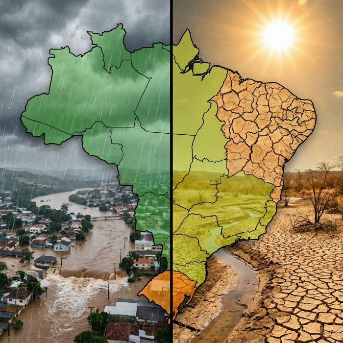 Contraste de extremos climáticos no Brasil: enchentes e seca.