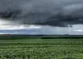 Nuvens escuras de tempestade cobrindo lavoura verde em campo aberto