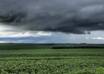 Nuvens escuras de tempestade cobrindo lavoura verde em campo aberto