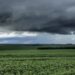 Nuvens escuras de tempestade cobrindo lavoura verde em campo aberto