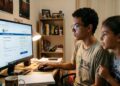 Adolescente com camiseta do IFBA faz inscrição do Enem em computador ao lado de menina