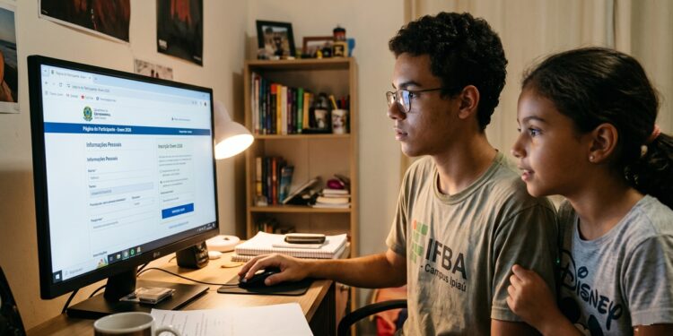 Adolescente com camiseta do IFBA faz inscrição do Enem em computador ao lado de menina