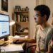 Adolescente com camiseta do IFBA faz inscrição do Enem em computador ao lado de menina