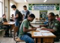 Jovem preenchendo formulário em mesa com militar do Exército em sala de alistamento, banner ao fundo