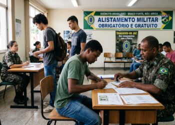 Jovem preenchendo formulário em mesa com militar do Exército em sala de alistamento, banner ao fundo