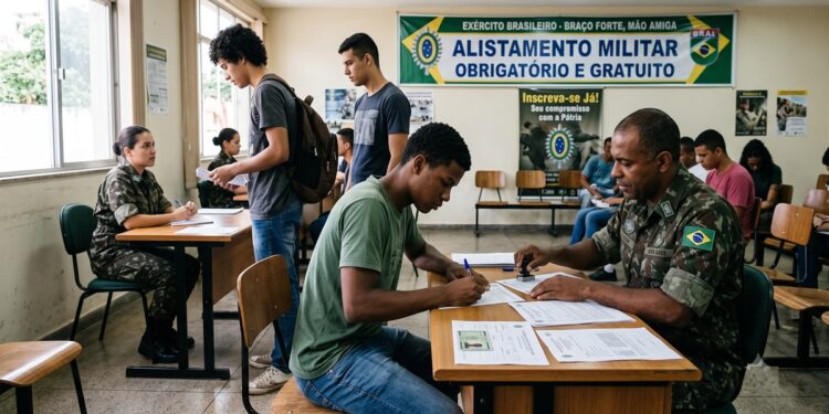 Jovem preenchendo formulário em mesa com militar do Exército em sala de alistamento, banner ao fundo