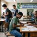 Jovem preenchendo formulário em mesa com militar do Exército em sala de alistamento, banner ao fundo