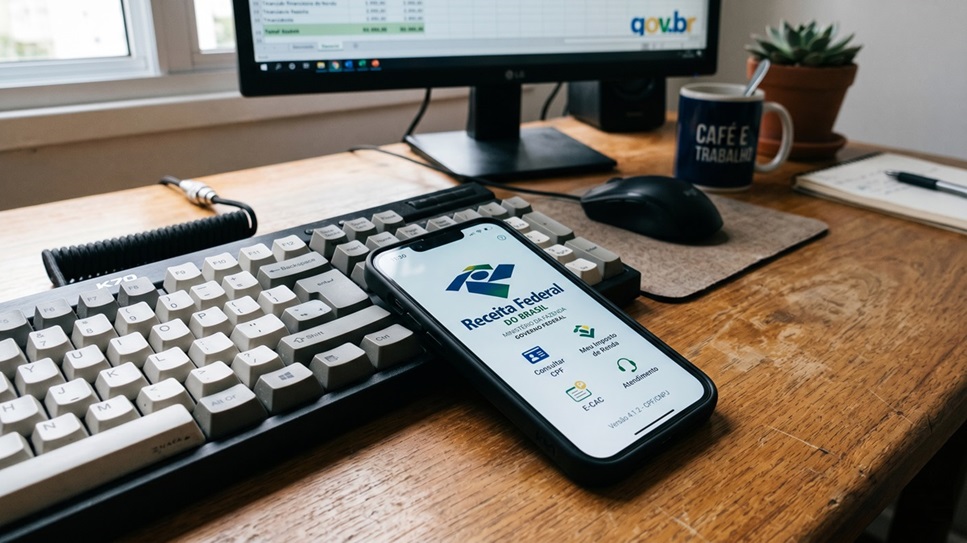 Tela do aplicativo da Receita Federal em celular apoiado em teclado mecânico em mesa de madeira