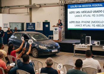 Auditório com pessoas dando lances em leilão público, VW Gol azul e tela mostra ofertas de carro e iPhone
