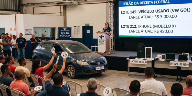 Auditório com pessoas dando lances em leilão público, VW Gol azul e tela mostra ofertas de carro e iPhone