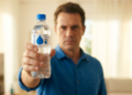 Homem apresenta garrafa de água mineral Crystal 500ml sem gás.