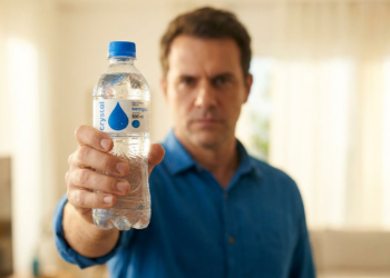 Homem apresenta garrafa de água mineral Crystal 500ml sem gás.