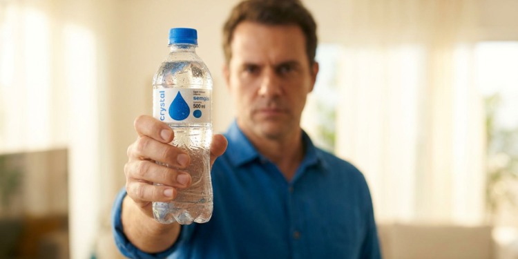Homem apresenta garrafa de água mineral Crystal 500ml sem gás.