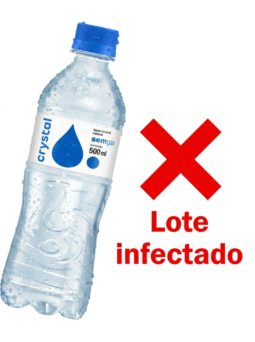 Garrafa de água Crystal 500ml sem gás com tampa azul e alerta vermelho indicando lote infectado.