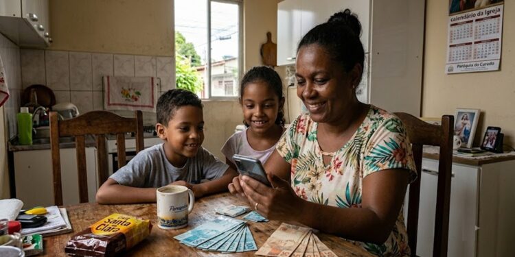 Mulher com duas crianças sorri ao olhar o celular, notas de real e café sobre a mesa em casa