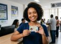Mulher sorrindo mostra CIN em um posto de atendimento, com cartaz "Emissão Aqui" ao fundo