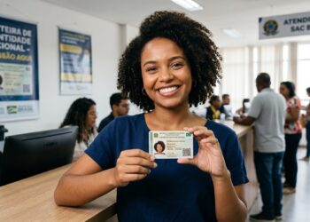 Mulher sorrindo mostra CIN em um posto de atendimento, com cartaz "Emissão Aqui" ao fundo