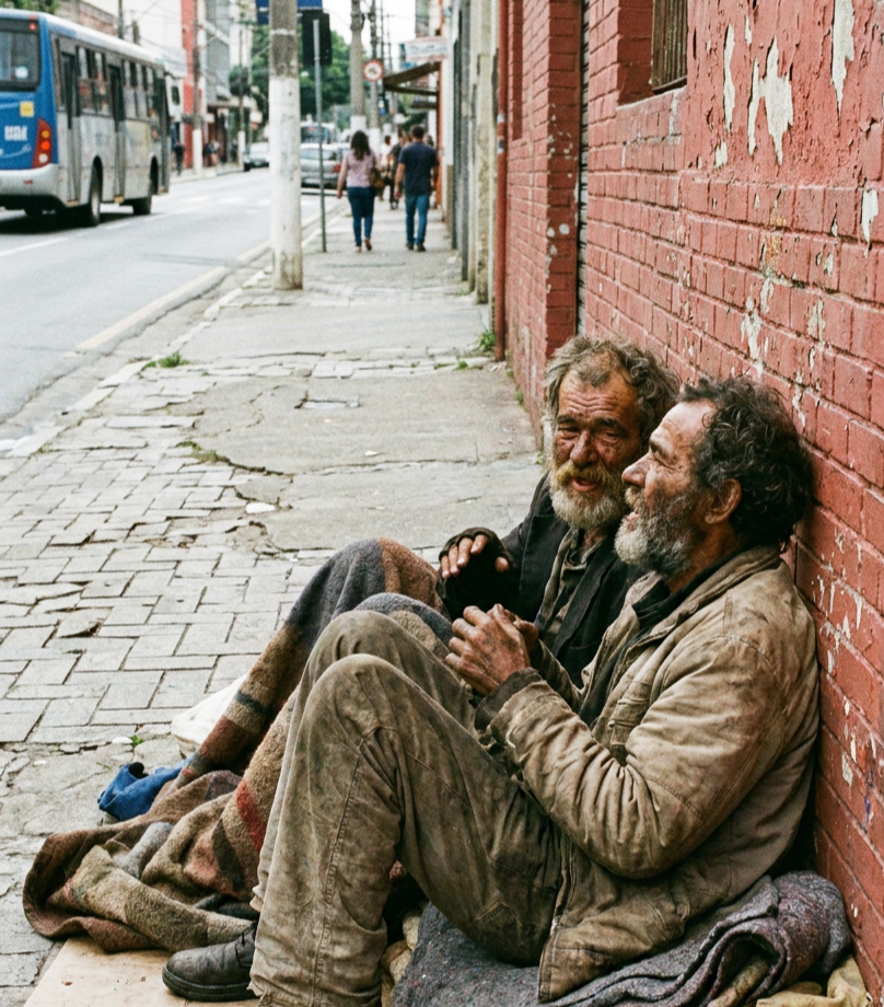 Moradores de rua sentados em calçada.