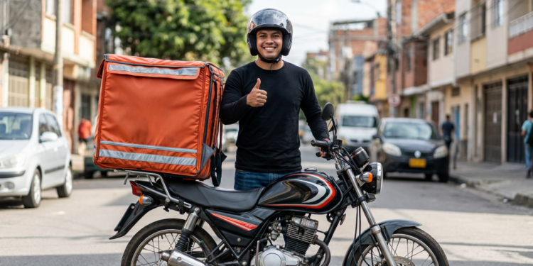 Entregador de aplicativo faz sinal positivo com mochila térmica na moto.