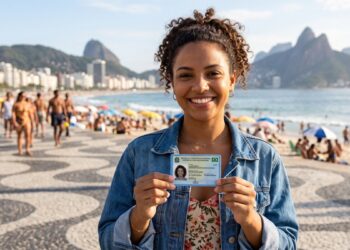 Mulher sorridente mostra novo RG na praia de Ipanema, com calçadão e morros ao fundo