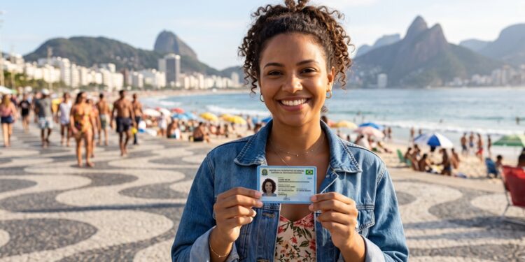 Mulher sorridente mostra novo RG na praia de Ipanema, com calçadão e morros ao fundo