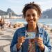 Mulher sorridente mostra novo RG na praia de Ipanema, com calçadão e morros ao fundo