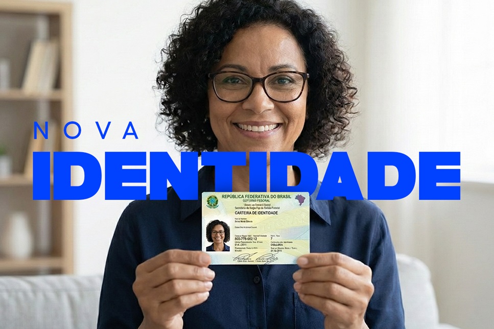 Mulher sorridente de óculos exibe carteira de identidade nova com destaque para “Nova Identidade”