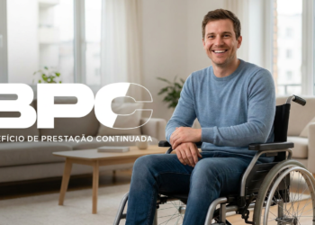 Logo do BPC com homem jovem cadeirante em ambiente residencial.