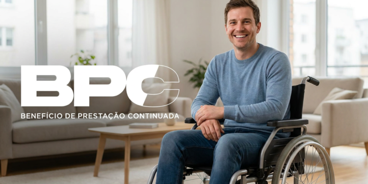 Logo do BPC com homem jovem cadeirante em ambiente residencial.