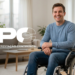 Logo do BPC com homem jovem cadeirante em ambiente residencial.